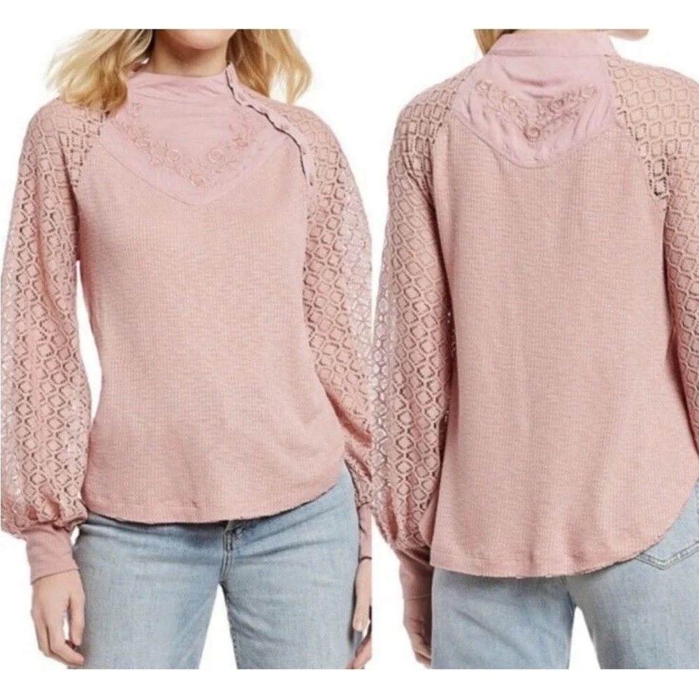 Free People Women's Sweetest Thing Thermal Pink Blush Top Lace Balloon‎ Sleeve M